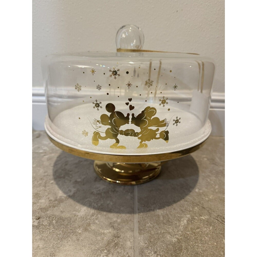 Disney Icy Winter Collection Mickey and Minnie Mouse Cake Stand and Dome 12" NIB